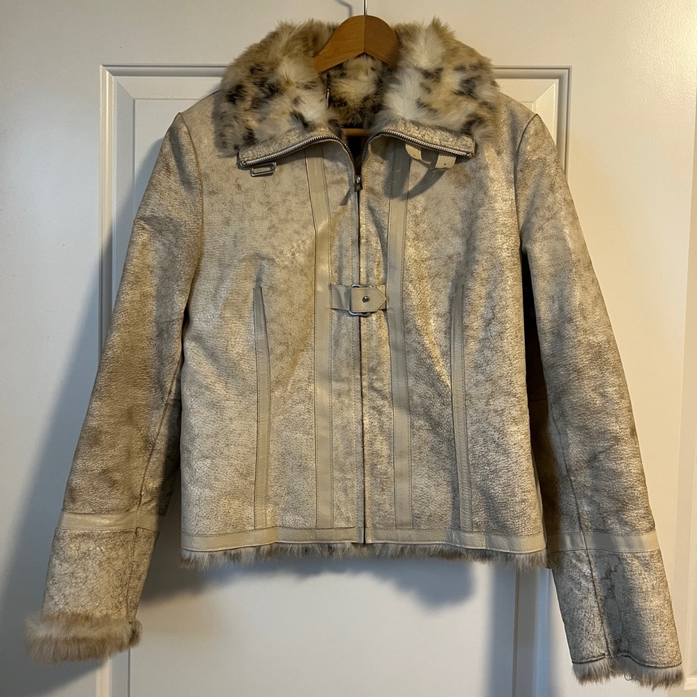 Vintage Genuine Leather Jacket with Faux Fur